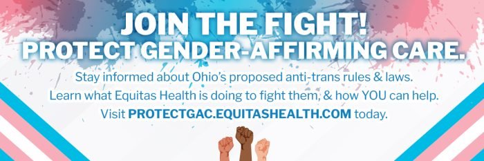 A banner advocating for Gender Affirming Care with a link to protectgac.equitashealth.com